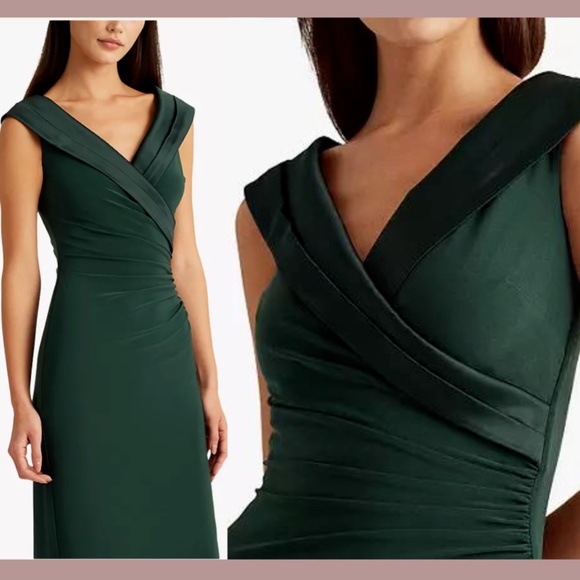 NWT Lauren‎ Ralph Lauren [ 16 ] Leonetta Satin V-Neck Jersey Gown in Green - Picture 3 of 15